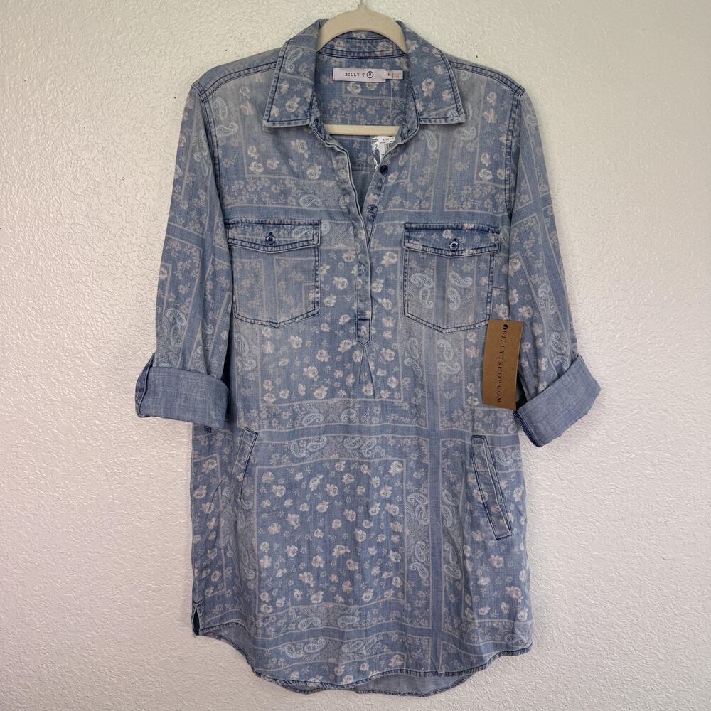 Billy T Dress Womens Medium Chambray Paisley Floral Bandana Shirtdress Pockets